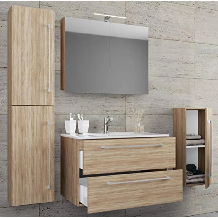 VCM Badmöbelset, 5-tlg. Badmöbel-Set mit Hochschrank, Midischrank, Unterschrank, Spiegelschrank aus ESG-Sicherheitsglas und modernem Waschbecken aus Keramik – Bild 2