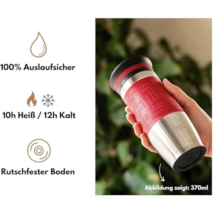 Milu Thermobecher Isolierbecher Kaffeebecher to go - 370ml - 100% Auslaufsicher - Trinkbecher aus Edelstahl - Autobecher doppelwand Isolierung - Thermo Becher - Travel Mug - (Rot, 370ml) – Bild 3