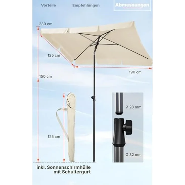 4smile Sonnenschirm Balkon in Beige - Sonnenschirm rechteckig 200x125 cm mit UV50+ Sonnenschutz | Balkon Schirm knickbar höhenverstellbar | Robuster Balkonschirm für optimalen Schatten – Bild 4