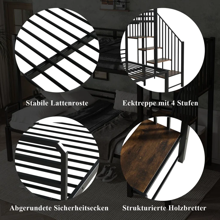 EINHOM Eisenbett, Etagenbett, Geeignet für Kinder und Jugendliche, Eckleiterschrank mit Stauraum, Eisen+MDF, Schwarz+Vintage-Holzfarbe, 90 x 200 Cm&120 x 200 cm (Ohne Matratze) – Bild 4