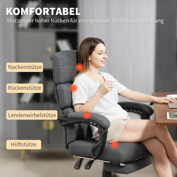 MELAYR, Gepolsterter Bürostuhl mit Samt-Optik, höhenverstellbar, rollbar, Grau, 68.5 x 56 x 115 cm, Dunkelgrau – Bild 6