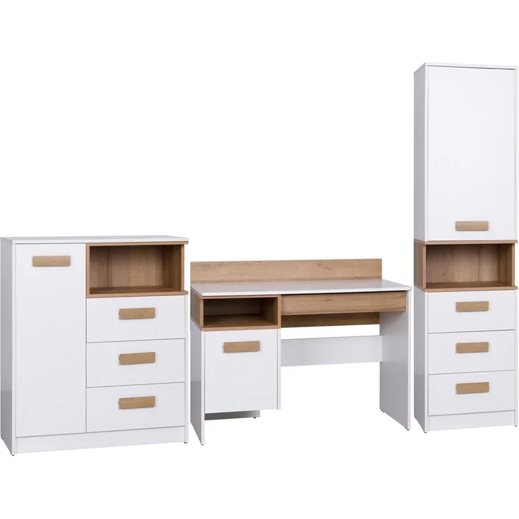 Marmex Möbel Grant Set-K Jugendzimmer-Set 3-teilig mit Kommode, Schreibtisch, geschlossenes Regal, Kinderzimmermöbel mit Schreibtisch, laminierte Spanplatte, weiß+riviera Eiche, 250x195x55 cm – Bild 5