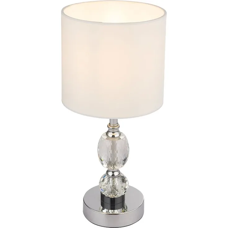 Tischleuchte, Kristallglas klar, Textil weiß