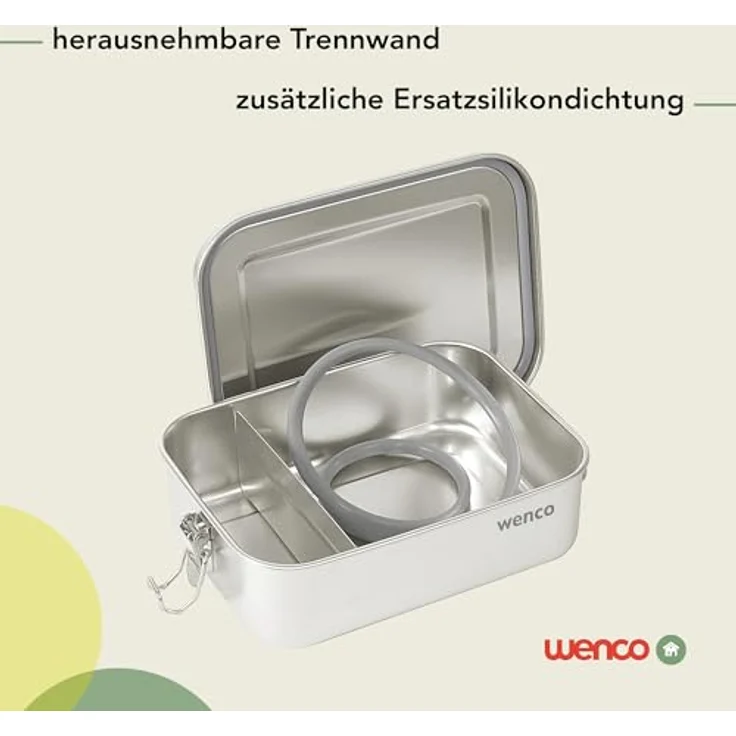 wenco Lunchbox aus Edelstahl, Mit 2 Fächern, Brotdose groß mit 1,5 liter Fassungsvermögen, Wasserdicht, Spülmaschinengeeignet, inkl. Ersatz-Silikonring, 21,5 x 16,5 x 7,0 cm, Silber. – Bild 5