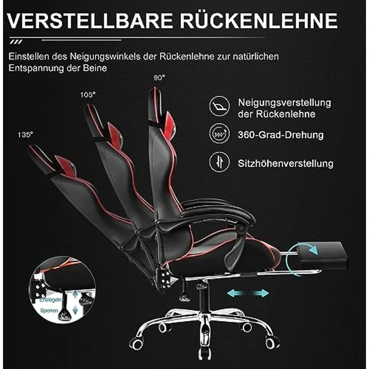 GTPLAYER Gaming Stuhl Bürostuhl Massage Gaming Sessel Ergonomischer Gamer Stuhl mit Fußstütze, Kopfstütze Massage-Lendenkissen, Gepolstert Gaming Chair, Drehsessel, rot – Bild 6