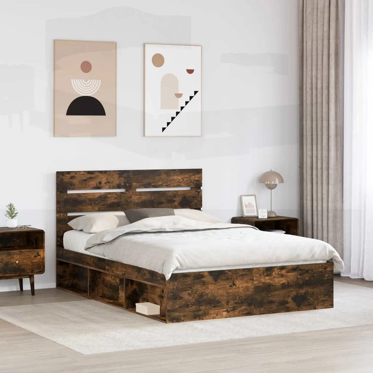 vidaXL Bettrahmen Geräucherte Eiche 140 x 190 cm Massives Kiefernholz 3411748 – Bild 2