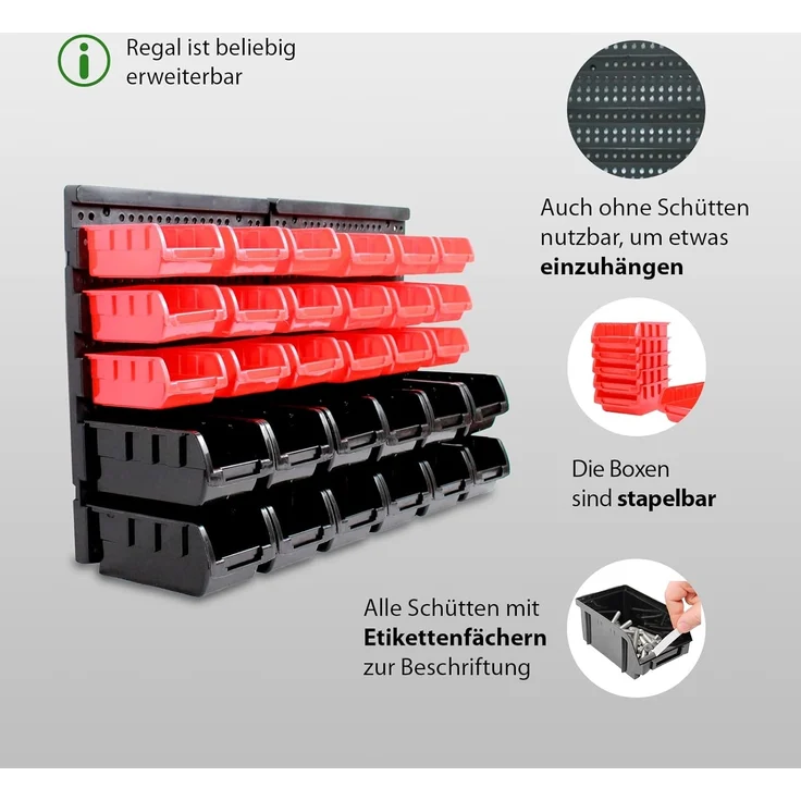 Stapelboxen mit Wandregal rot 32 tlg, Kleinteilemagazin – Bild 3