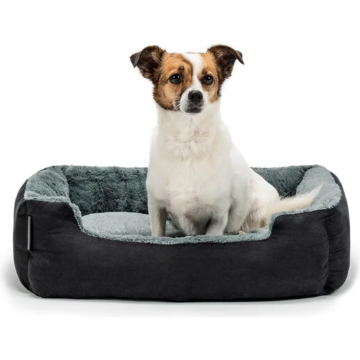 lionto Hundebett mit Wendekissen und Rutschfester Unterseite, Robustes Heimtierkissen mit tiefem Einstieg für Hunde und Katzen jeden Alters, 60x48 cm, kuscheliges Hundekissen, schwarz/grau