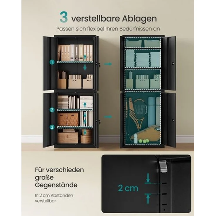 SONGMICS Aktenschrank, Mehrzweckschrank, Büroschrank, mit 4 Türen und 5 Ebenen, 40 x 60 x 180 cm, 2 Schlösser, verstellbare Ablagen, Aufbewahrungsschrank aus Stahl, mattschwarz – Bild 4