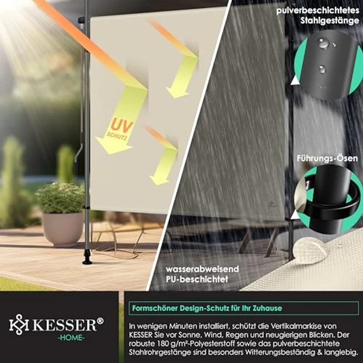 KESSER® Klemmmarkise Senkrechtmarkise außen Ausziehbar & Blickdicht | Vertikalmarkise mit Handkurbel ohne Bohren | Balkon-Sichtschutz & Windschutz für Garten & Terrasse Wasserfest Beige, 100 x 310 cm – Bild 3