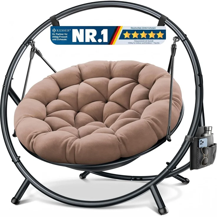 KESSER® Hängesessel mit Gestell BALI Hängeschaukel Hängestuhl bis 150kg für Indoor und Outdoor + Kissen & Seitentasche Hängekorb Stahlgestell & Schaumstoff Sitzpolster ideal für Wohnzimmer & Garten Taupe – Bild 1