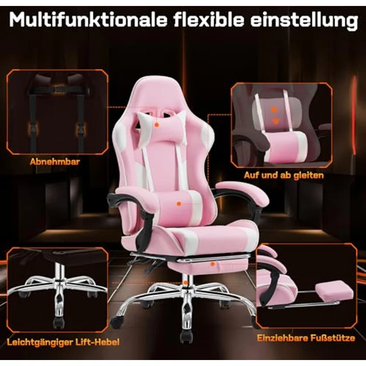 Sweetcrispy Videospiel-Schreibtischstuhl - Ergonomischer Computerstuhl mit Fußstütze und bequemer Lendenwirbelstütze, PU-Leder-Liegesessel mit Kopfstütze,rosa – Bild 6