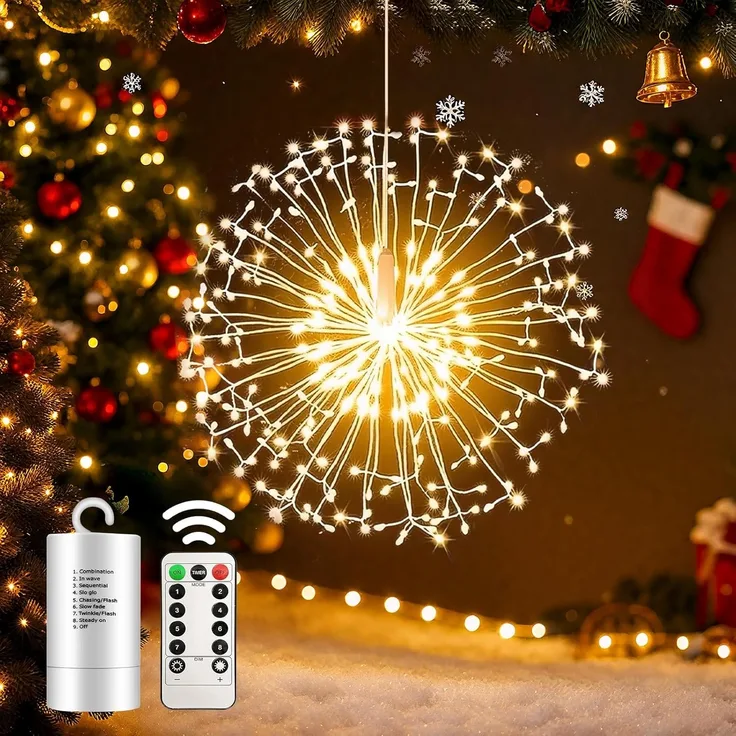 Salcar LED-Lichterkette 198 LED Feuerwerk Lichterkette Weihnachts Dekoration mit Fernbedienung, 1 Stück 8 Modi Hängende Gartenlichter Wetterfest Weihnachtsbeleuchtung