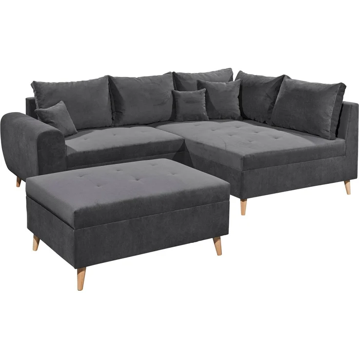 CALANDA Ecksofa mit Hocker, Stoffbezug Anthrazit - Moderne Eckcouch mit Kissen & Massivholz Füßen - 249 x 94 x 175 cm (B/H/T) – Bild 1