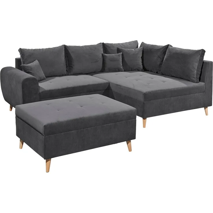CALANDA Ecksofa mit Hocker, Stoffbezug Anthrazit - Moderne Eckcouch mit Kissen & Massivholz Füßen - 249 x 94 x 175 cm (B/H/T)