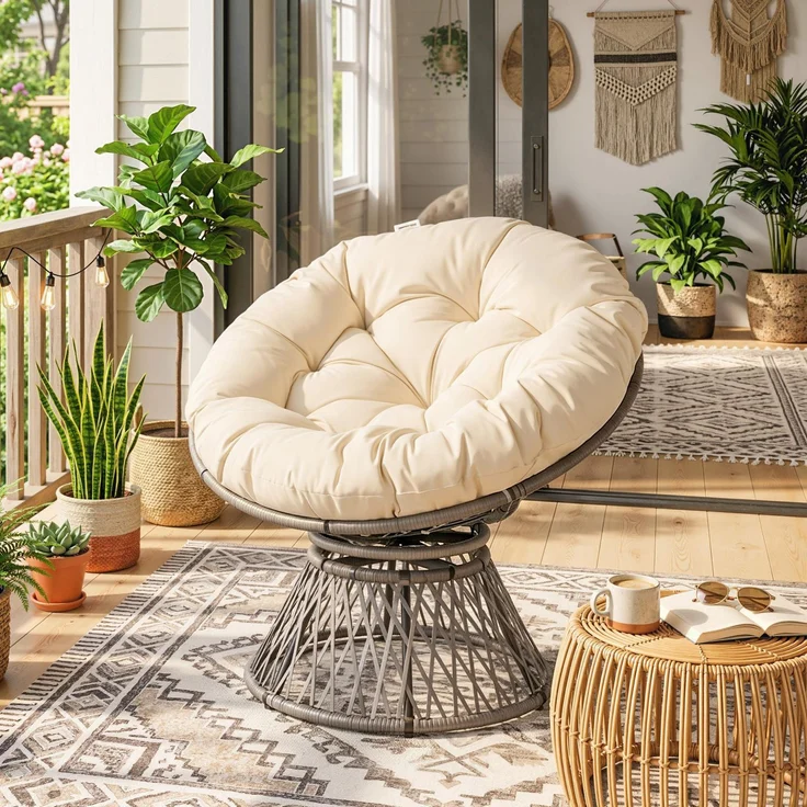 Runder Gartensessel, drehbarer Papasan-Sessel, Ø 97 x 90H cm, großes Kissen im Lieferumfang enthalten, Polyester-Geflecht – Bild 4