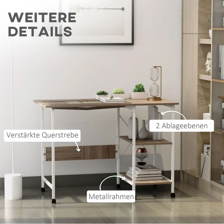 Klapptisch mit MDF-Platte und Rollen, 107x55x76 cm, Weiß – Bild 4