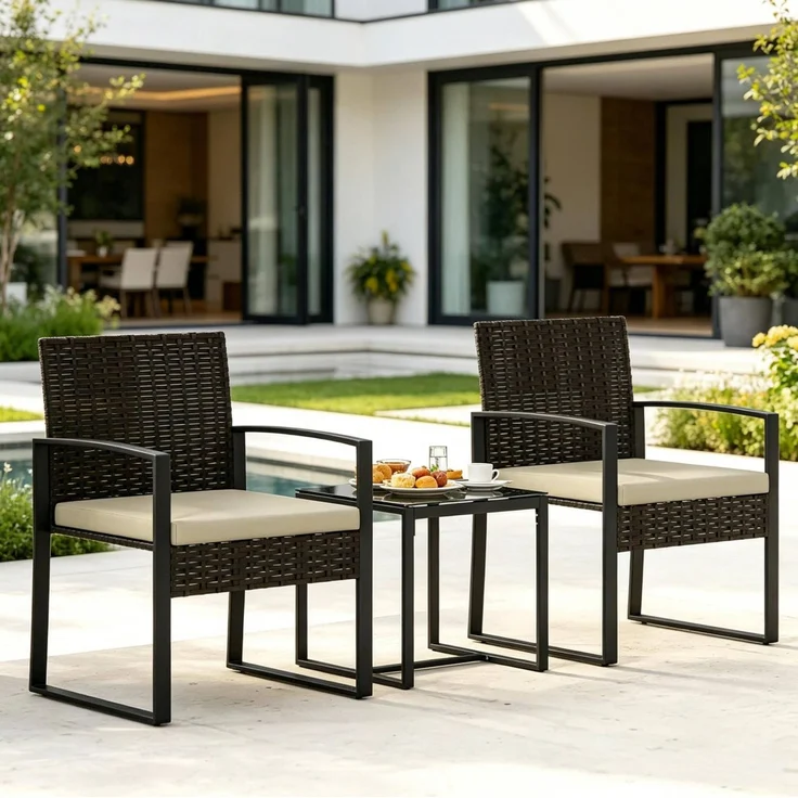 Gartenmöbelset aus PE-Rattan, 2 Sessel mit Kissen & Glastisch, 55x58x76 cm, Braun/Khaki/Schwarz – Bild 3