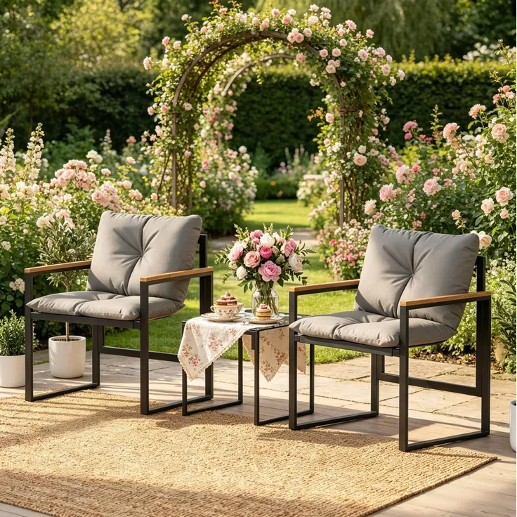 Gartenmöbel-Set mit Textilene-Sitzen und Glastisch, 2 Sessel 64x62x68 cm, Schwarz/Grau