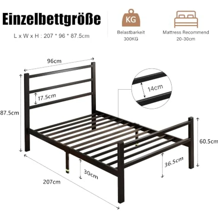Feonase Einzelbettgestell aus Metall mit stilvollem Kopfteil und Fußteil, Einzelbettgestell, einfache Montage, reichlich Stauraum unter dem Bett (schwarz, 90x200 cm) – Bild 2