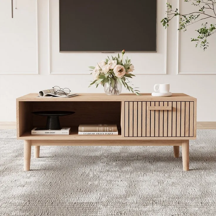 FUROKOY Lowboard aus Rattan, Fernsehschrank mit Kabelmanagement für Wohnzimmer, TV-Schrank mit Schublade, Breite 100x50x43 cm für 43 Zoll Fernseher