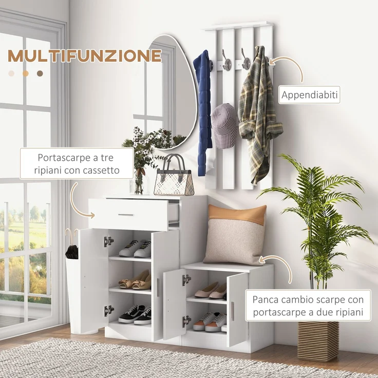 Kombinierter Schuhschrank mit Kleiderhaken für den Eingangsbereich und das Schlafzimmer, Holz, 100 x 32 x 187 cm, weiß – Bild 8