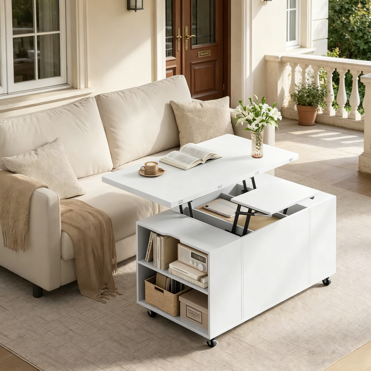 Couchtisch 100 x 50,5 x 53 cm mit Lift-Top, Rollen, Schublade und Metall-Holz-Konstruktion – Bild 3