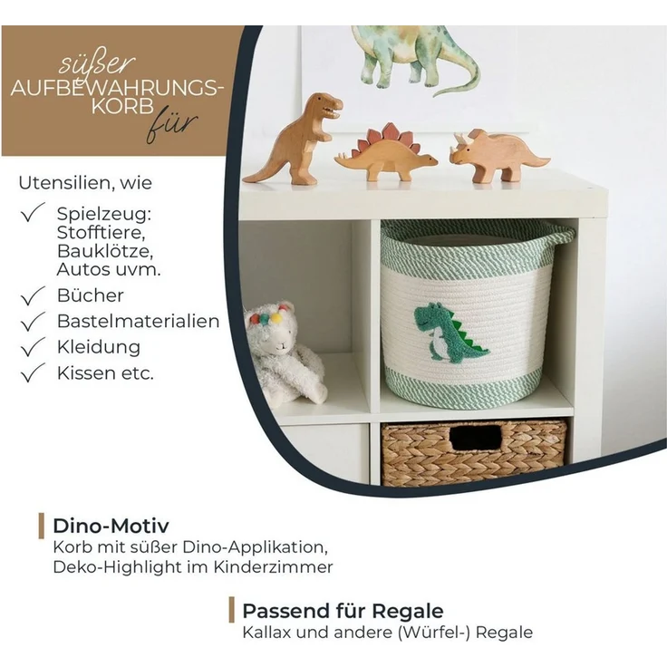 HMF Aufbewahrungskorb Aufbewahrungskorb mit verlängerten Griffen, runder Korb, Baumwolle für Kinderzimmer oder Babyzimmer,Dinosaurier, 30,5 x 30,5 cm – Bild 3
