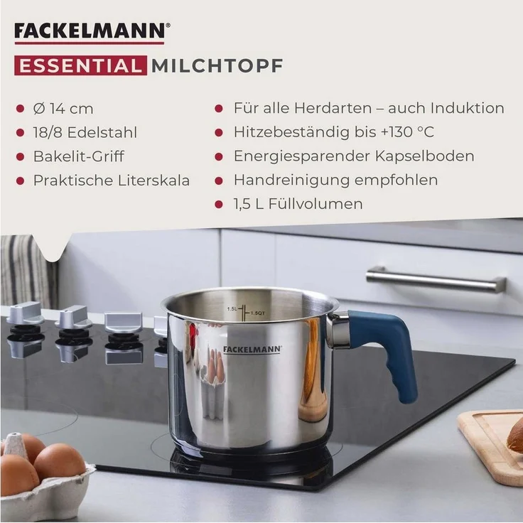 Fackelmann Milchtopf Essential Ø 14 cm aus Edelstahl mit ergonomischem Bakelit-Griff und praktischer Literskala – Ideal für alle Herdarten, Blau – Bild 2