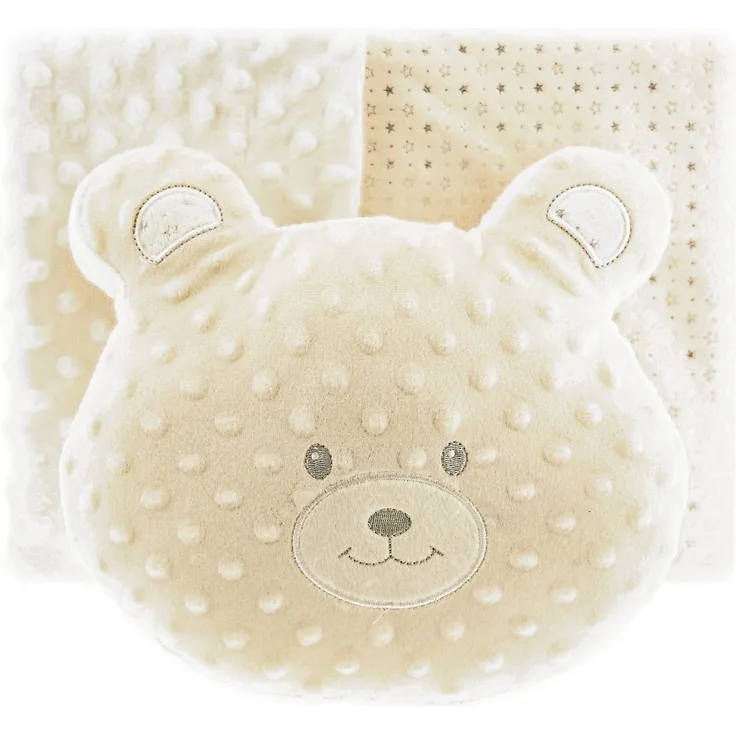 Almina Babydecken-Set mit Bärenkissen Zweilagige Babydecke aus Polyester Sternenmuster 100x80 cm Beige