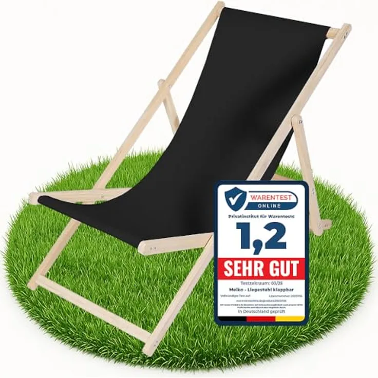 Melko Strandstuhl klappbar, Holz Garten Sonnenliege mit verstellbarer Rückenlehne, Schwarz