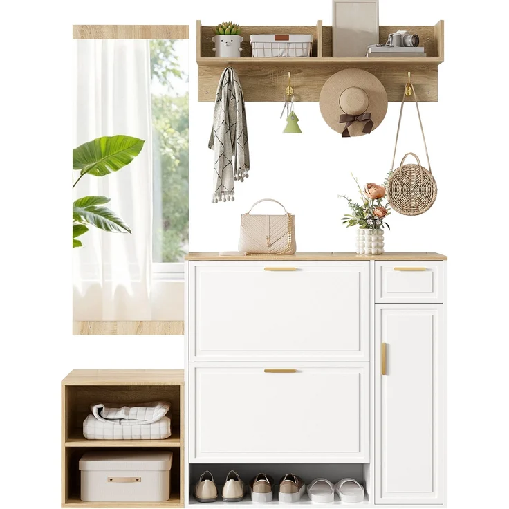 CHICFURN Schrank 139,5x166x35 cm als 4-tlg. Garderoben-Set mit Schuhschrank und Sitzbank Natur+Weiß – Bild 7