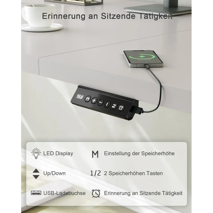 JUMMICO Schreibtisch elektrisch höhenverstellbar mit USB-Ladeanschluss, Grau, 120x60 cm – Bild 4