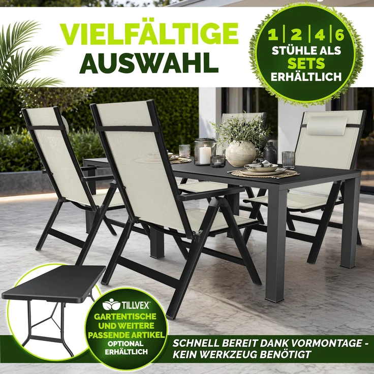 tillvex Gartenstuhl Premium 4 Stück Beige klappbar aus Aluminium | Hochlehner mit Armlehnen | Klappstuhl verstellbar | Klappsessel Balkon Garten Terrasse – Bild 3