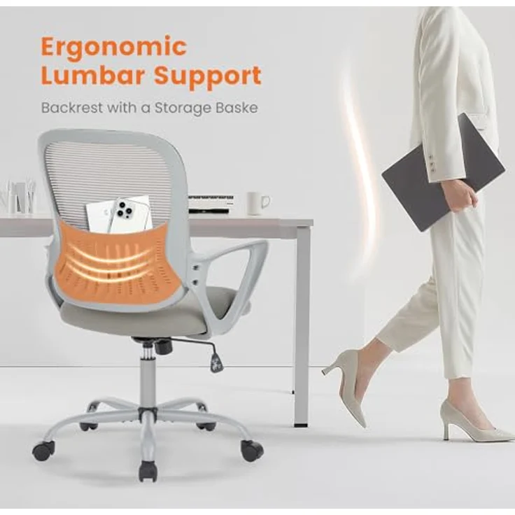 Sweetcrispy Bürostuhl Ergonomisch, Schreibtischstuhl mit Lendenwirbelstütze, Verstellbaren Armlehnen Drehstuhl, Höhenverstellbarer Office Chair, Bürostühle Geeignet für Büro und Schlafzimmer (Grau) – Bild 7