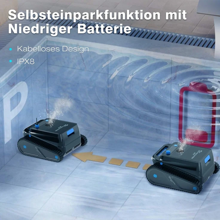 EVERCROSS BOT U8 Poolroboter Wand und Boden, Intelligenter Navigation, 120 Min Akkulaufzeit, Kabellos Poolsauger bis 200m² Pools (Schwarz) – Bild 5