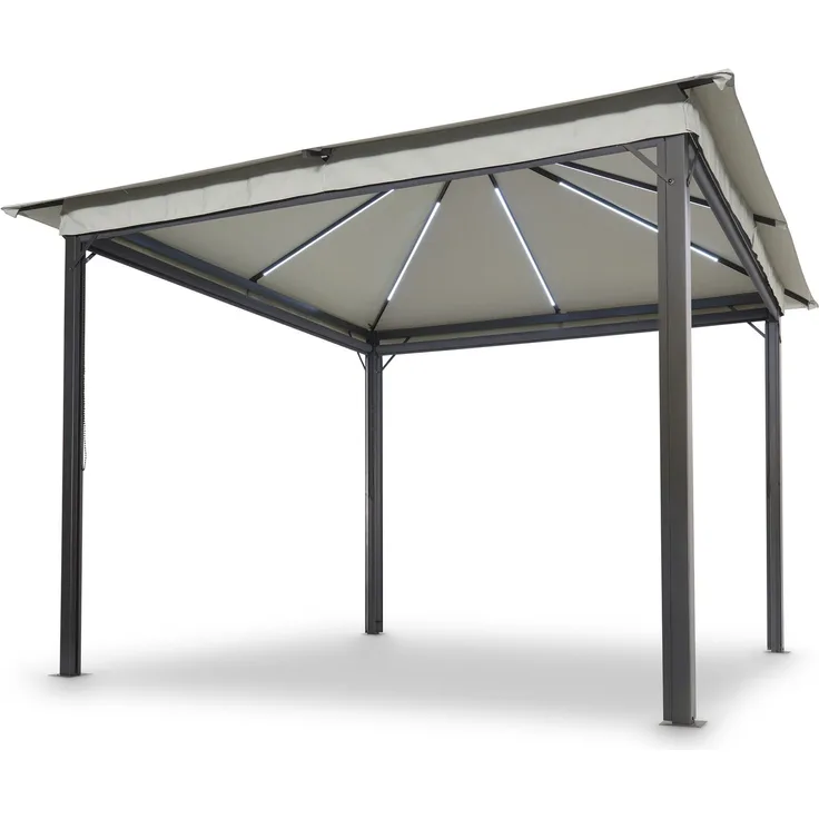LECO Solarpavillon LINA mit LED und Gittergewebe-Rollos, Aluminium- und Stahlrohrgestell anthrazit, Polyesterdach lichtgrau, 3x3 m