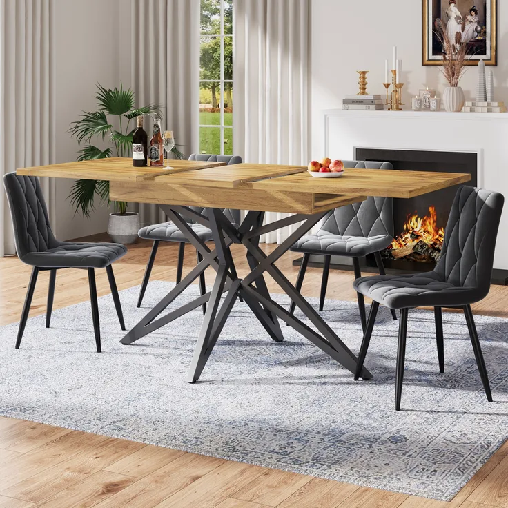 Ausziehbarer Esstisch, ausziehbarer Küchentisch, Frühstückstisch, sternförmige Tischbeine, Eisenbeine, Walnussholz/Marmorimitat, Schwarz, 120 (160) x 80 cm