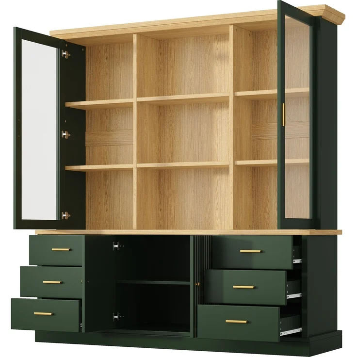 Hochschrank mit Glasvitrinen, 6 Schubladen & verstellbaren Böden, 140x40x185 cm, Grün – Bild 7