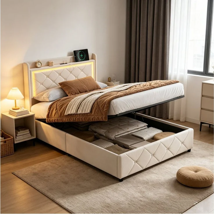 Simurq Polsterbett 90x200 mit Bettkasten, Einzelbett, Jugendbett, Bettgestell (1 tlg, ohne Matratze, Mit Lattenrost) – Bild 1