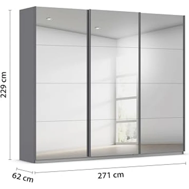 Rauch Möbel Kulmbach, Kleiderschrank mit Schwebetüren für Schlafzimmer, Kinderzimmer, Jugendzimmer, Garderobe, Flur, 3-türig, mit Spiegel, Zubehör Basic, Farbe Grau metallic, Schwarz, Breite 271 cm – Bild 3