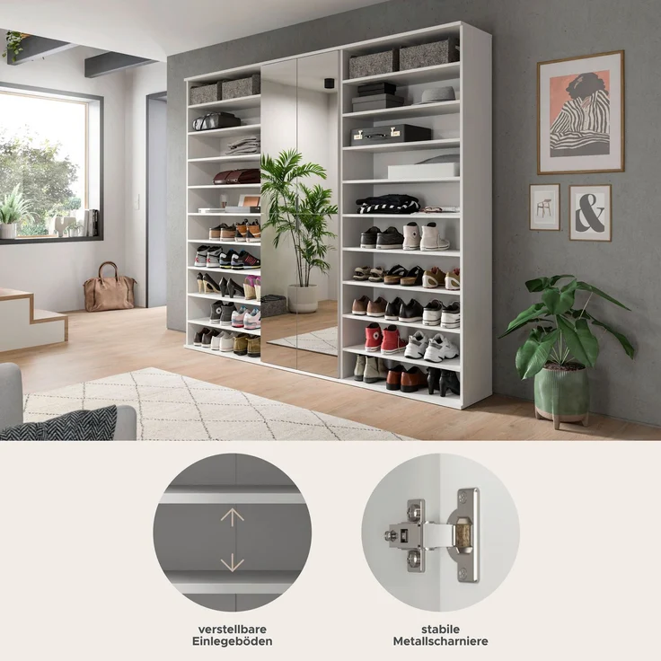 Garderobenschrank Weiß Hochglanz, 222x193x34 cm, Spiegelschrank – Bild 9