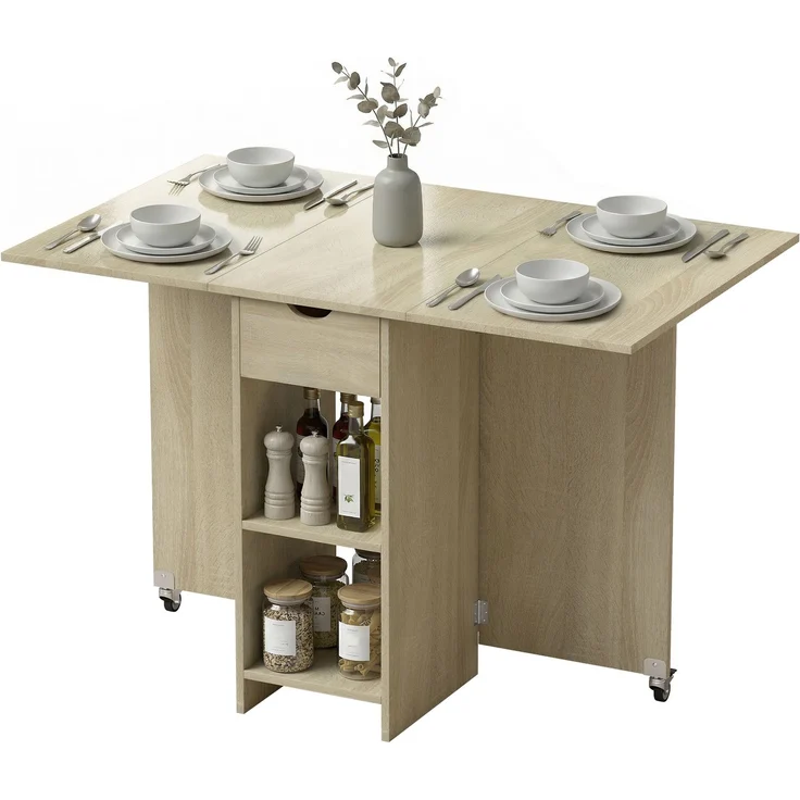 Wohnora-Klappbarer Esstisch für 2-4 Personen, Rollbarer Tisch mit offenem Fach und Schublade, ideal für kleine Räume, Natur,H 750cm x T 1145cm x B 700cm,Naturholz – Bild 2
