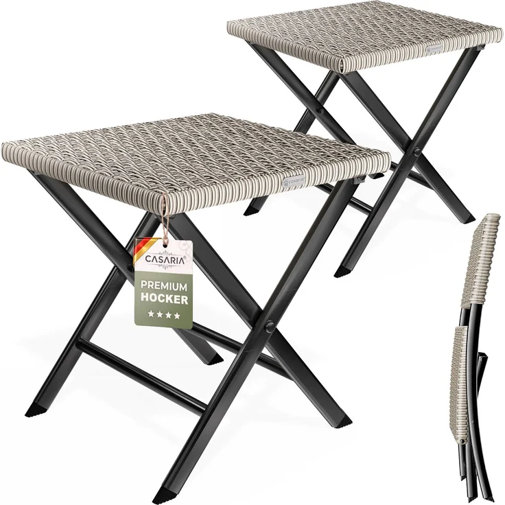 Casaria® Polyrattan 2er Set Klapphocker 75kg Belastbarkeit 44 x 40 x 44 cm Klappbar Tragbar Wetterfest Garten Terrasse Balkon Camping Hocker Stuhl Creme