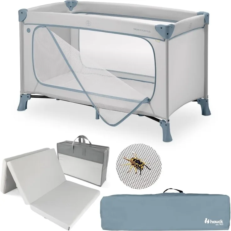 hauck Baby Reisebett Set Dream N Play Plus inkl. Matratze & Insektenschutz | faltbares Kinder Reisebett mit großem Seiteneingang und Tasche – Dusty Blue