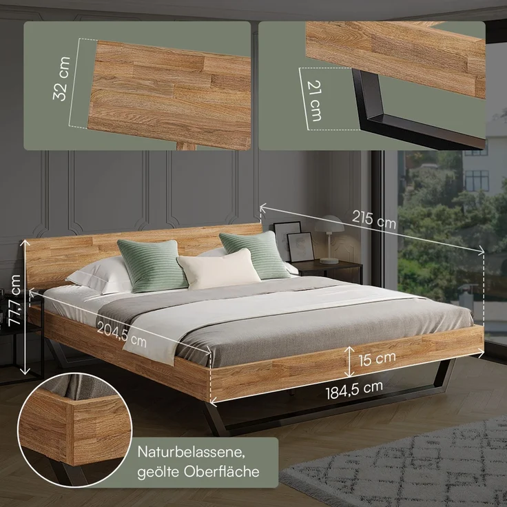 skølm 'Alver' Bett 180x200 cm, Bettgestell, natur geölt, Massivholzbett aus Eiche mit Metallkufen, Doppelbett mit durchgehendem Bettkopf – Bild 6