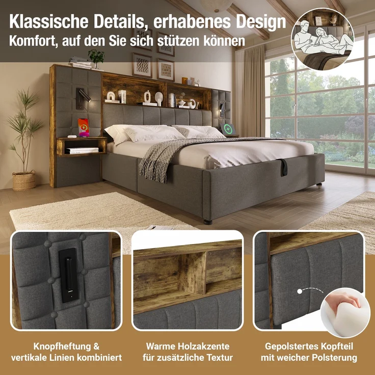 Polsterbett 160x200 mit Stauraum, Systembett Grau, LED & 2 Leselampen, 2 integr, Nachttische, USB Type-C Ladeport, Leinenstoff, inkl, Lattenrost, ohne Matratze – Bild 4