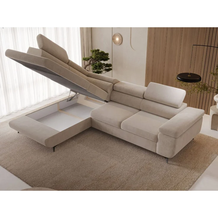 GRAINGOLD Ecksofa ARGON mit Bettfunktion, Bettkasten, Einstellbaren Kopfstützen, Velvet-Stoff, Beige, Rechts – Bild 5