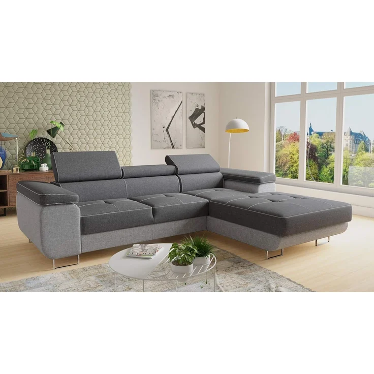 Ecksofa Divo mit Schlaffunktion, Bettkasten und einstellbare Kopfstützen (Grau + Dunkelgrau (Sawana 21 + Sawana 05), Ecksofa Rechts) – Bild 2