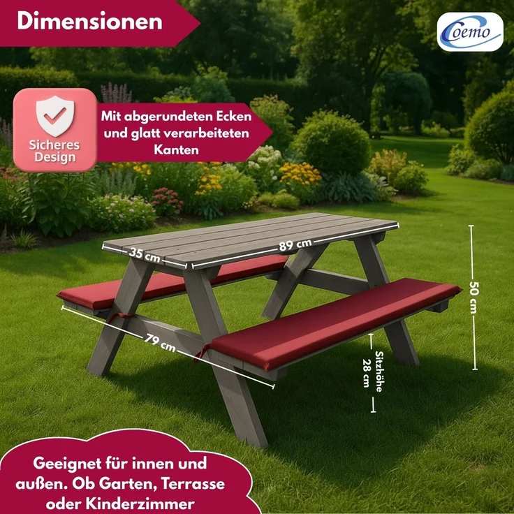 Coemo Kinder-Sitzgruppe Grau Picknicktisch mit Polster Spieltisch Gartentisch Holz – Bild 6